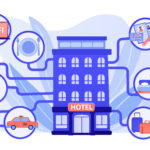 Luxurious inn, accommodation booking. Free wifi, room cleaning. Hospitality management, hotels business processes, hotel management system concept. Pink coral blue vector isolated illustration